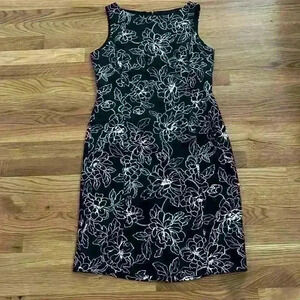 Vintage Ann Taylor silk floral print sheath dress black and white boatneck